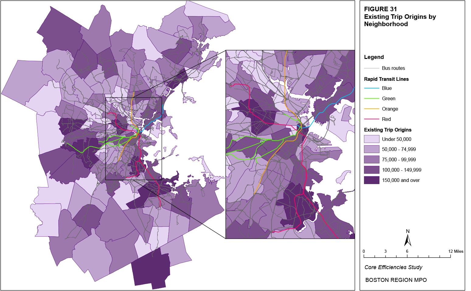 This map shows the number of existing trips originating from each neighborhood.